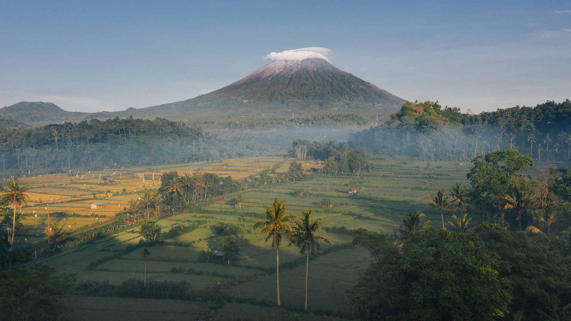 Landscape of Mt Batur and rice paddies in the morning mist